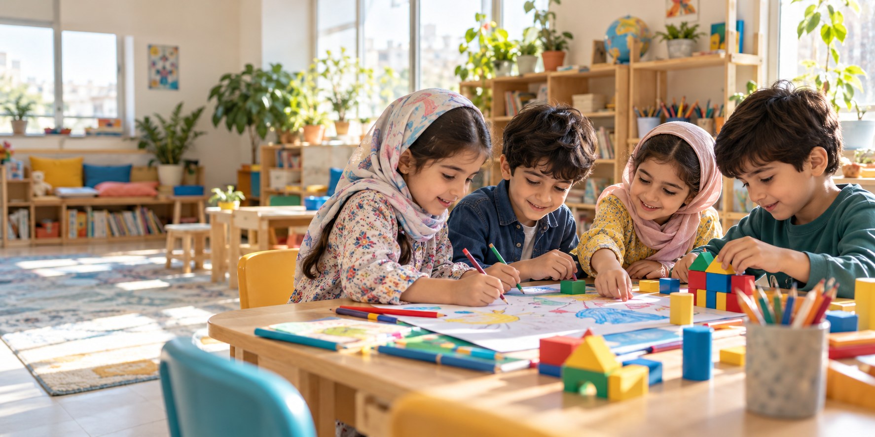 کودکان در فضایی آموزشی، مشغول نقاشی و ساختن با هم